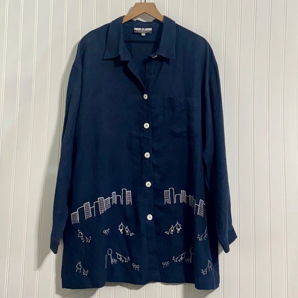 Relaxed Navy Button-Down Shirt with Cityscape Embroidery
